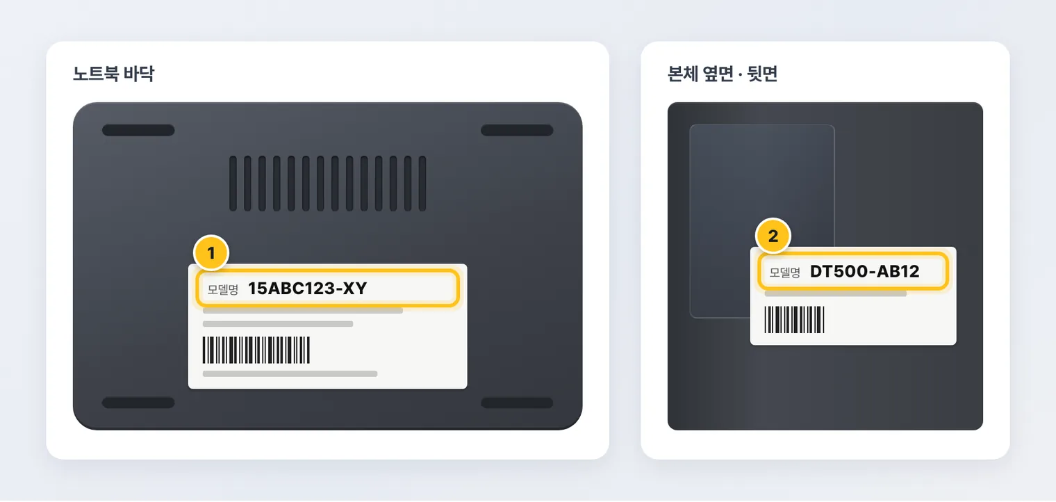 노트북 바닥과 본체 옆면에 붙은 모델명 스티커 위치 예시